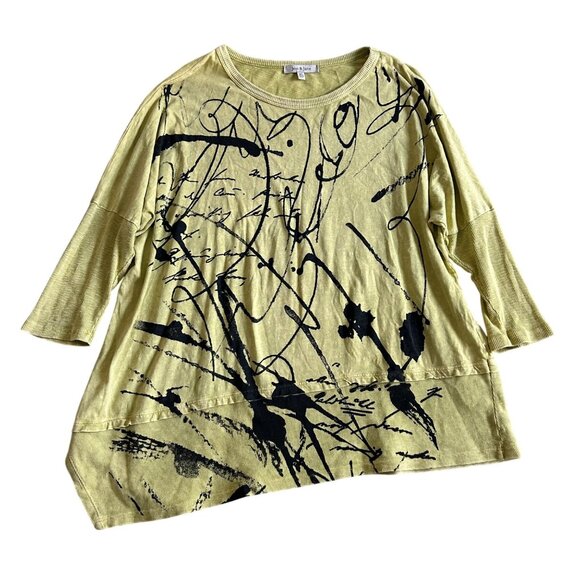 Jess & Jane Womens XL Tunic Top Yellow Abstract Print 3/4 Sleeves USA Made - Picture 1 of 10